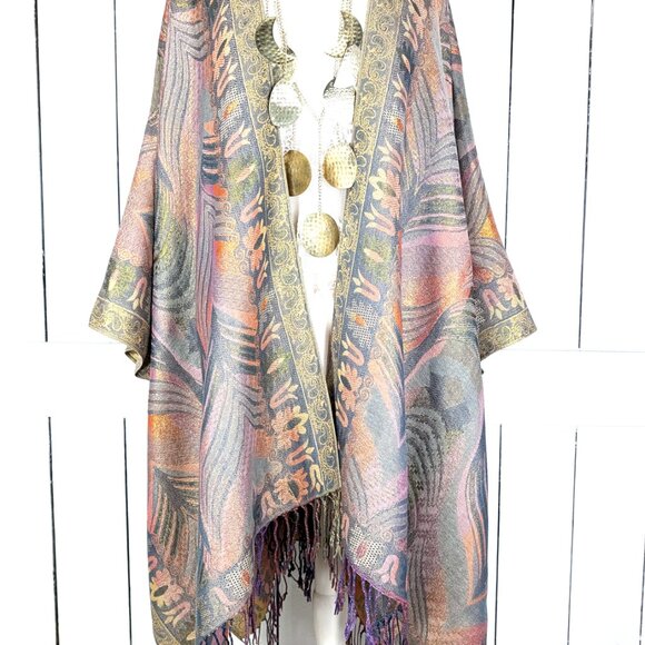 Metallic feather pashmina reversible kimono cover up - Picture 4 of 7